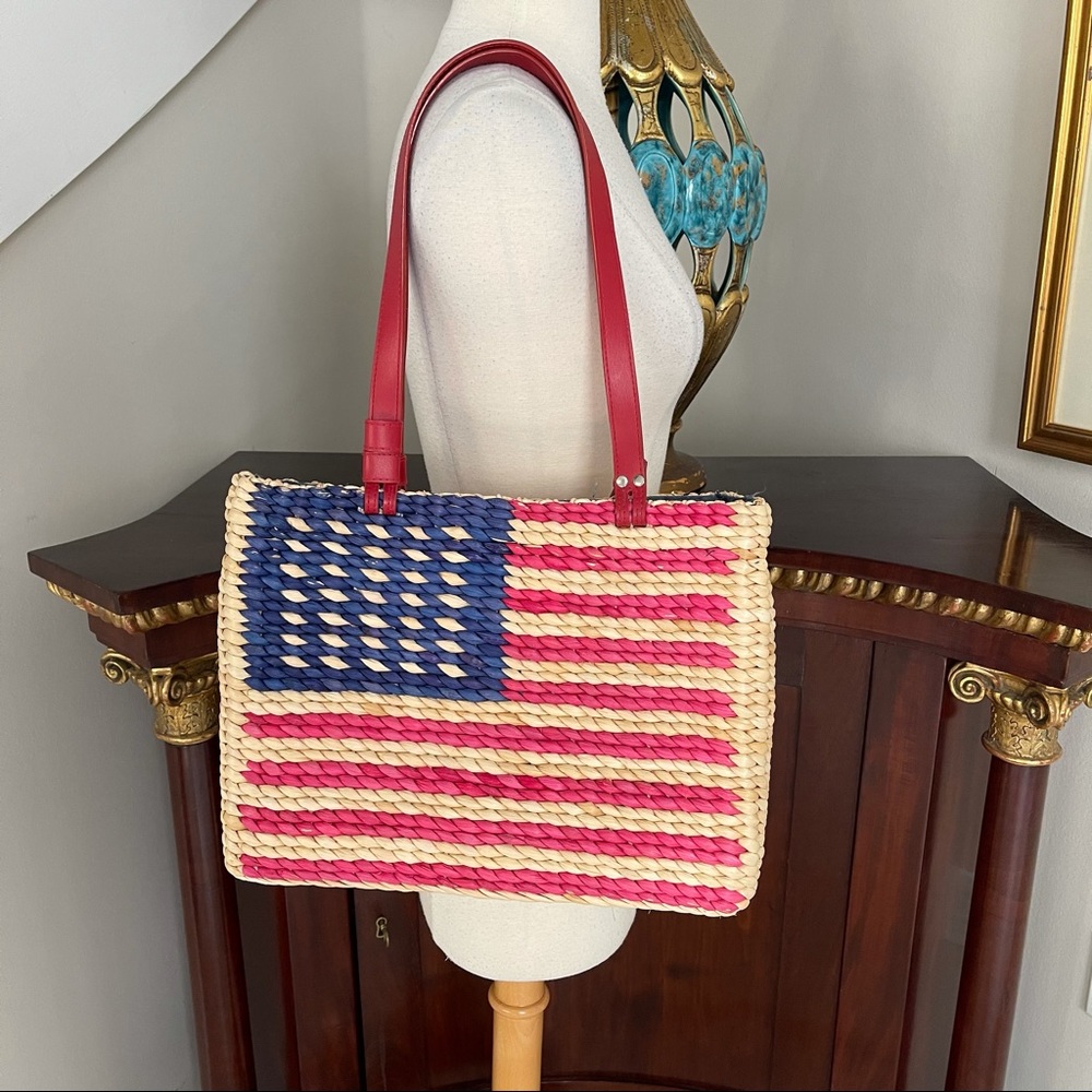 American Flag straw tote bag denim interior